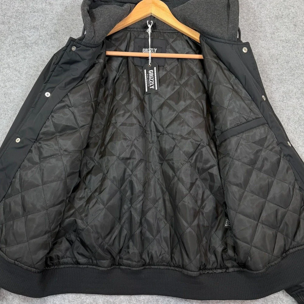Grizzly Griptape Hooded Bomber Jacket Mens S Black Varsity Windbreaker New NWT